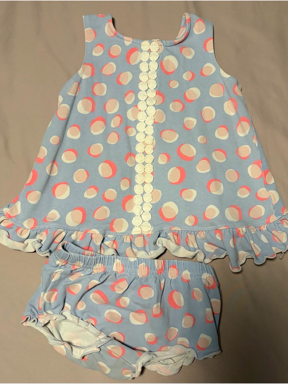 crown & ivy Blue Polka Dot Dress and Bloomer Set with Pink and Cream Dots